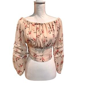 Kori America Floral Off Shoulder Crop Top Smocked Back Long Sleeve Size S